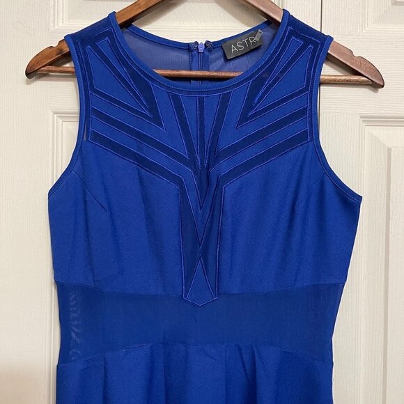 ASTR Women's Royal Blue Mesh Inset Embroidered Fit & Flare Mini Dress Medium - Picture 3 of 11